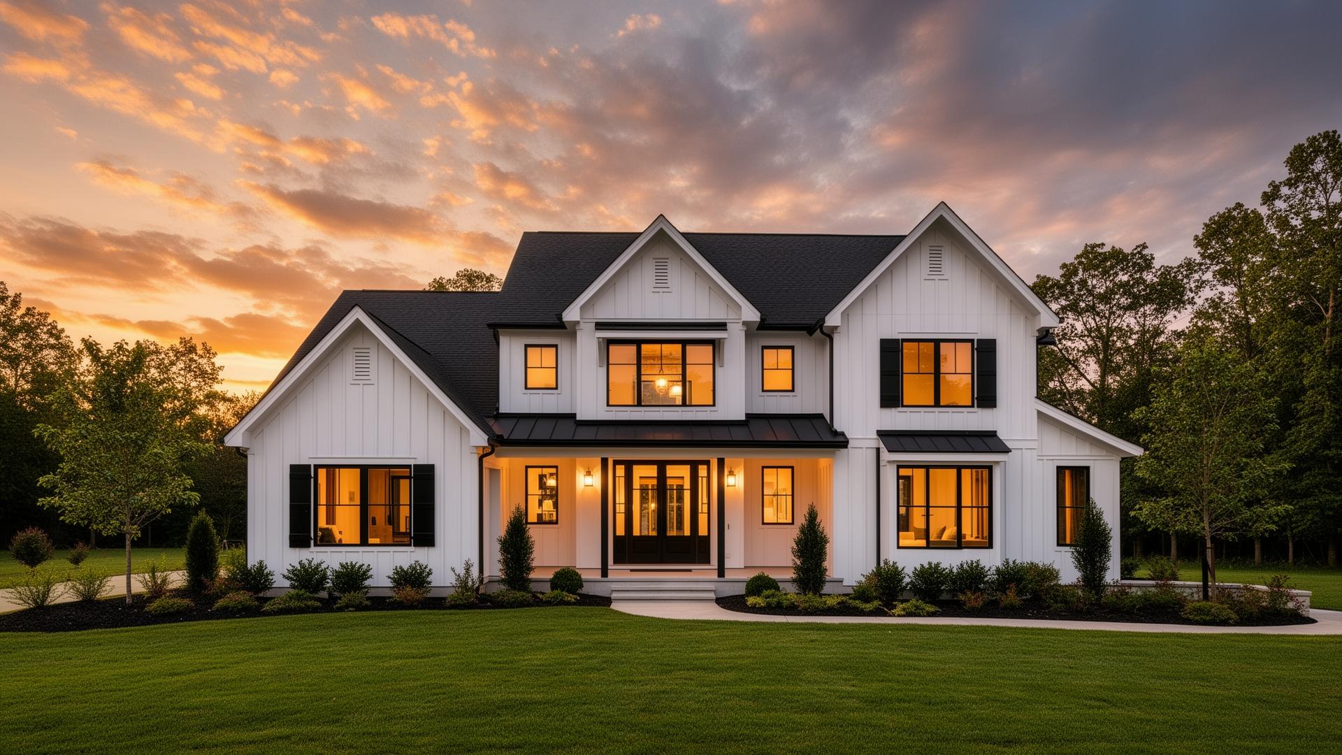 Beautiful modern farmhouse at sunset